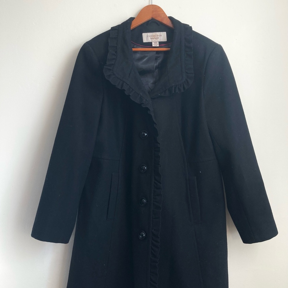 Covington Black Ruffle Trim Trench Coat